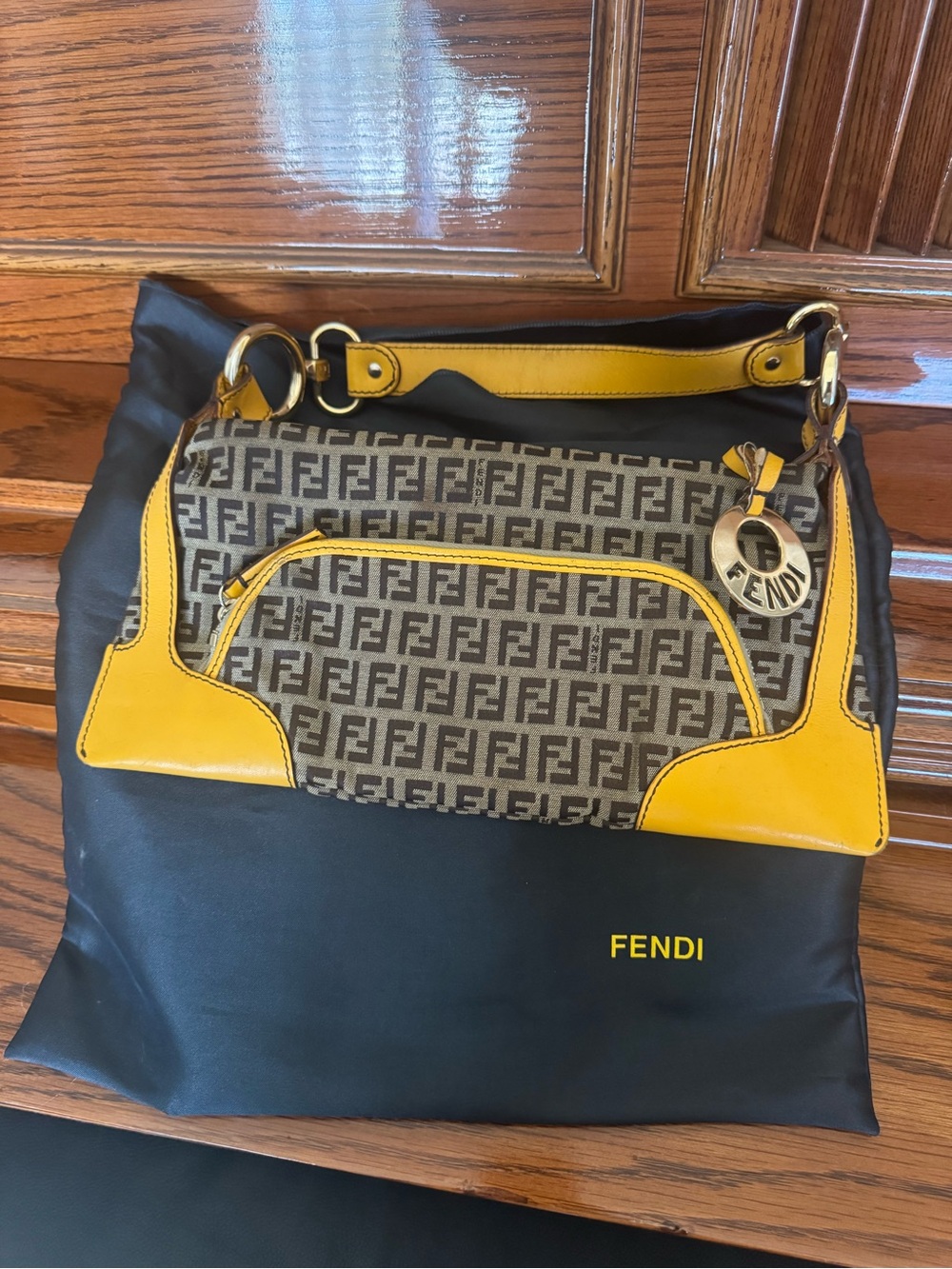 Fendi Brown Monogram Shoulder Bag with Yellow Trim